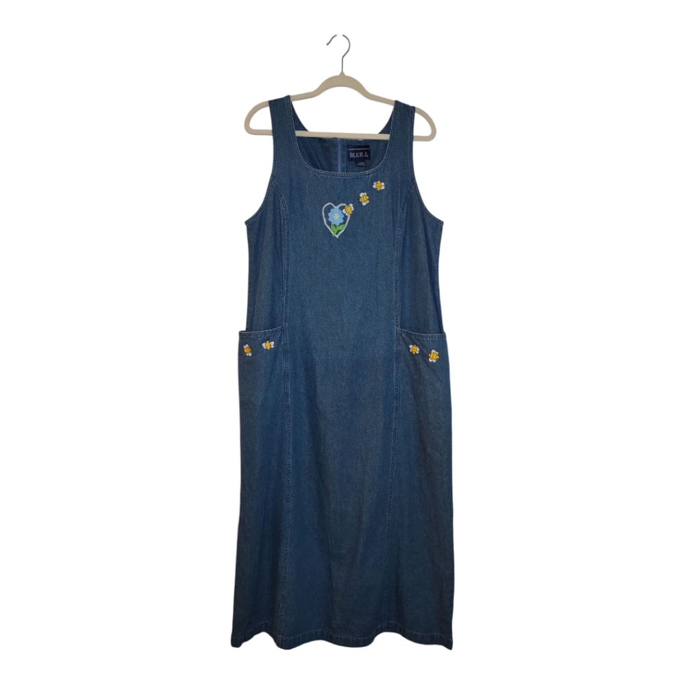 Vintage Denim Jumper Dress With Pockets Bees Flower Cottagecore Women Large